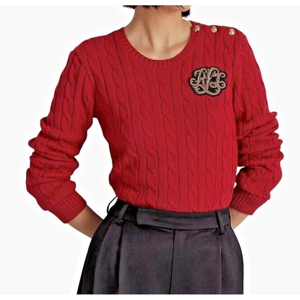 Ralph Lauren Women's Button Trim Cable Knit Sweater logo Patch Red Sz P Medium